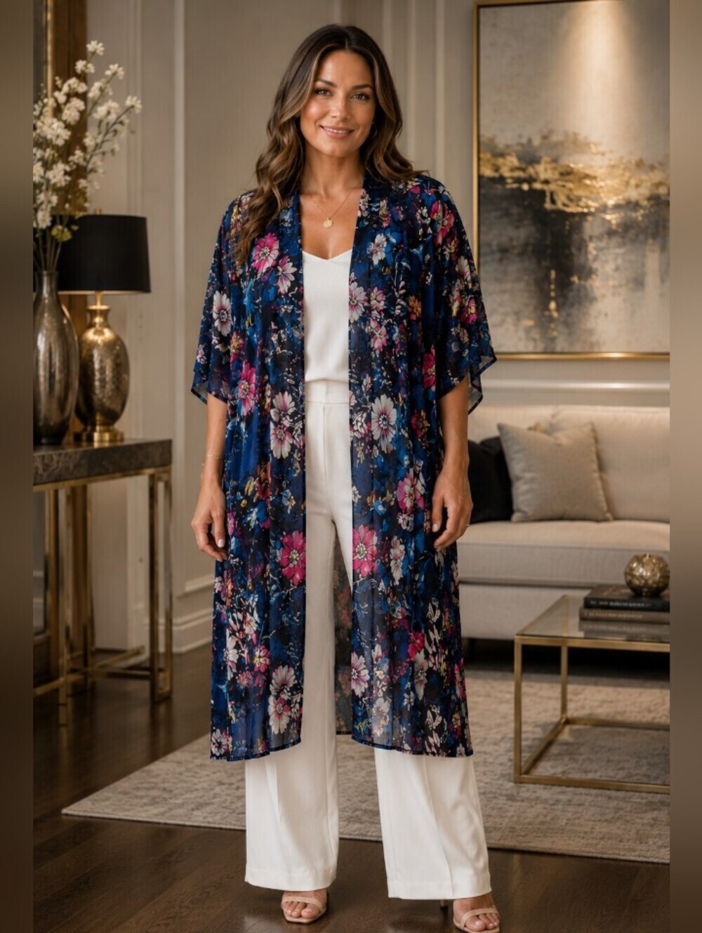 Lularoe Shirley Floral print Waterfall front Long Kimono